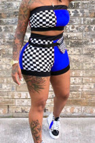 Azul Sexy Fashion crop top Ternos de duas peças xadrez patchwork skinny sem mangas