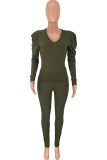 Army Green Casual Solid Patchwork Two Piece Suits pencil Long Sleeve Two-piece Pants Set