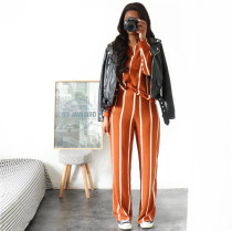 Orange Elastic Fly Mid Striped Straight Pants  Two-piece suit