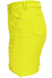 Saia jeans amarela com zíper e botão voador, saia alta assimétrica com retalhos e buracos para lavagem
