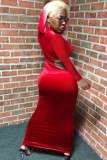 Röd sexig kepsärmad långärmad mandarinkrage Step kjol Ankellång solid
