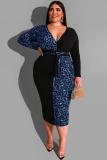 Blue Sexy adult Fashion V Neck Patchwork Print Leopard Bandage Stitching Plus Size Dresses
