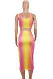 Yellow Sexy Fashion Tank Sleeveless O neck Step Skirt Mid-Calf hollow out Print Fluorescent hole backless