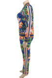 Полосатый сексуальный костюм из двух частей с круглым вырезом и цветочным принтом на молнии