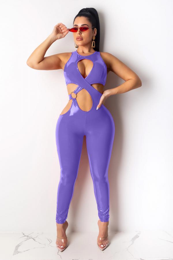 Фиолетовый сексуальный модный однотонный асимметричный полый комбинезон из искусственной кожи без рукавов с круглым вырезом