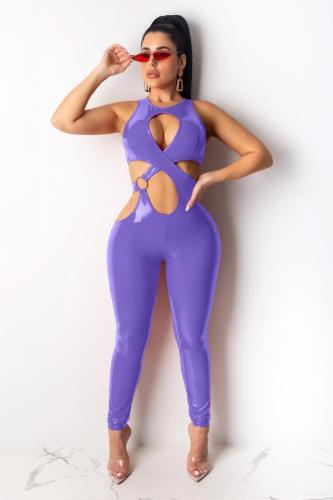 purple Sexy Fashion Solid Asymmetrical Hollow PU Sleeveless O Neck Jumpsuits