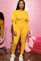 Желтый повседневный модный мэм для взрослых Лоскутные костюмы из двух предметов Однотонный карандаш с длинными рукавами из двух предметов P