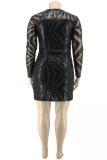 Black Fashion Sexy adult O Neck perspective Embroidery Patchwork Sequin Geometric Sequined