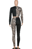 rose red Sexy Patchwork Two Piece Suits Leopard Straight Long Sleeve