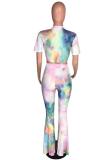 Multi-color Sexy Fashion crop top Tie Dye Slim fit Skinny Short Sleeve Two-piece Pants Set