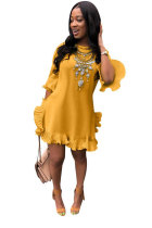 Желтая сексуальная модная плиссированная юбка с длинными рукавами и круглым вырезом