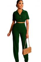 Dark green Polyester Casual Solid Straight Short Sleeve  Two-piece Pants Set