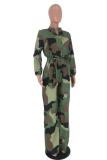 Blauw Mode Casual Knoopverband Gekleurde tekening Camouflage Lange mouw O-hals