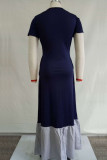 Navy Blue Sexy Fashion Cap Sleeve Short Sleeves O neck Princess Dress Floor-Length Solid Patchwork S