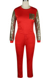 Röd stickad Sexig Patchwork Tvådelad kostym Solid Rak Långärmad