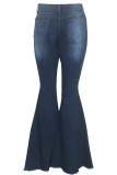 Pantalones de mezclilla azul oscuro con botones, sin mangas, con agujeros altos, lavado sólido, patchwork, corte de bota.