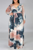 Blau Lila Mode Casual Print Tie-Dye V-Ausschnitt Langarm Kleid in Übergröße