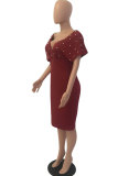 Красное вино, модное сексуальное платье с короткими рукавами и V-образным вырезом, тонкое платье до колен