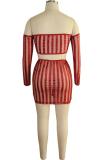 Wine Red Fashion Sexy adult Patchwork Two Piece Suits Sequin Solid Striped Mesh perspective Hip ski