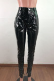 Black Fashion Street Adult Faux Leather Solid Pants Skinny Bottoms