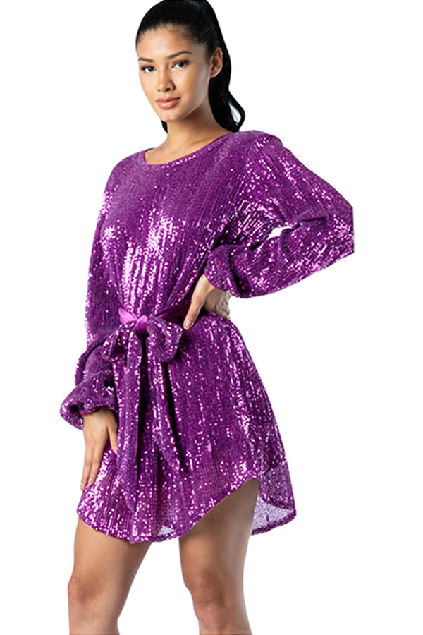 紫アセチル繊維カジュアルキャップスリーブ長袖 O ネックステップスカート膝丈包帯スパンコール固体パッチ