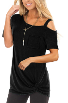Black Cotton O Neck Short Sleeve HOLLOWED OUT Solid 