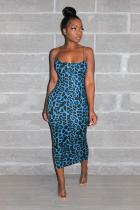 Blue Fashion adult Sexy Spaghetti Strap Sleeveless Slip Step Skirt Mid-Calf Print hollow out Le