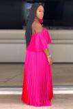 розово-красный Сексуальная мода с открытыми плечами и короткими рукавами Воротник с одним словом Плиссированный длиной до пола с разрезом в сборе