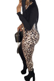 Blue Sexy Patchwork Two Piece Suits Leopard Straight Long Sleeve