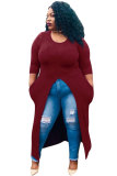 Wine Red O Neck Long Sleeve Solid asymmetrical Long Sleeve Tops