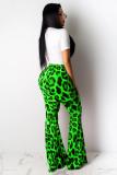Manica corta allentata con stampa leopardata per adulti casual alla moda verde