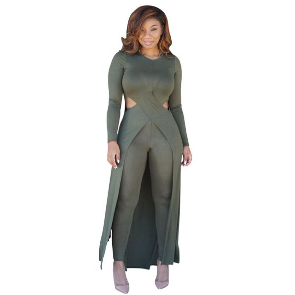 Army Green Elastic Fly Mid Hooded Out Split Skinny shorts  Two-piece suit