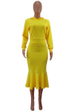 Yellow Sexy Solid Patchwork Flounce Hooded Collar Long Sleeve Mid Calf Pencil Skirt Dresses