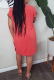 Red Casual Short Sleeves V Neck Pencil Dress Knee-Length Print Leopard Dresses