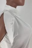 Blusas e camisas sólidas com gola mandarim branca e manga comprida com ourela