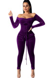 紫のセクシーな固体包帯長袖一言襟