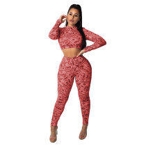 Red Elastic Fly Mid Print pencil Pants  Two-piece suit