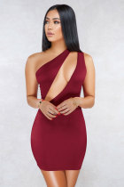 Wine Red Fashion Sexy Off The Shoulder Sleeveless one shoulder collar Slim Dress skirt hollow out ruffle back