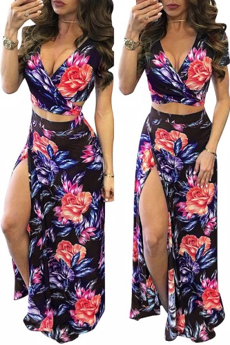 Dark Blue adult Street Fashion Two Piece Suits Patchwork Print Split Floral A-line skirt Short Sleev