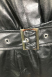 Blau Mode Sexy Solid Pocket Patchwork Reißverschluss PU Kurzarm Stehkragen