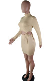 Aprikos Casual Cap-sleeve Långärmad Turtleneck Step Kjol Knälång solid långärmad klänning