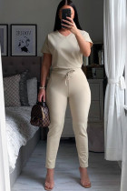 クリーム ホワイト ベネチアン カジュアル ファッション 奥様 大人 パッチワーク ツーピース スーツ 無地 鉛筆 半袖 ツーピース P