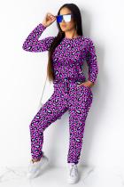 Фиолетовый модный повседневный костюм из двух предметов для взрослых, контрастный цвет с принтом, леопардовый, прямой, с длинным рукавом