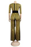 Yellow Casual Fashion bandage Print Asymmetrical Long Sleeve Peter Pan Collar Jumpsuits