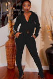 Schwarze lässige zweiteilige Anzüge, Patchwork, solide, lockere, langärmelige, zweiteilige Hosen-Set