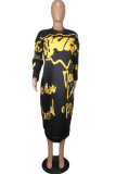 Blue Spandex Air Layer Fabric Letter Print Letter Basic O Neck Long Sleeve Mid Calf Straight Dresses