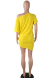 Gelb Sexy Mode für Erwachsene, Flügelärmel, kurze Ärmel, O-Ausschnitt, A-Linie, Mini-Auge, Patchwork-Druck, Club D