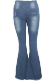 Calça jeans azul com zíper com zíper e zíper de alta costura com zíper e bolso