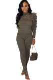 As Show Celebrities Two Piece Suits Solid Stringy selvedge pencil Long Sleeve Two-piece Pants Set