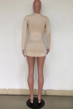 Khaki Sexy Long Sleeves O neck Hip skirt Mini Club Dresses